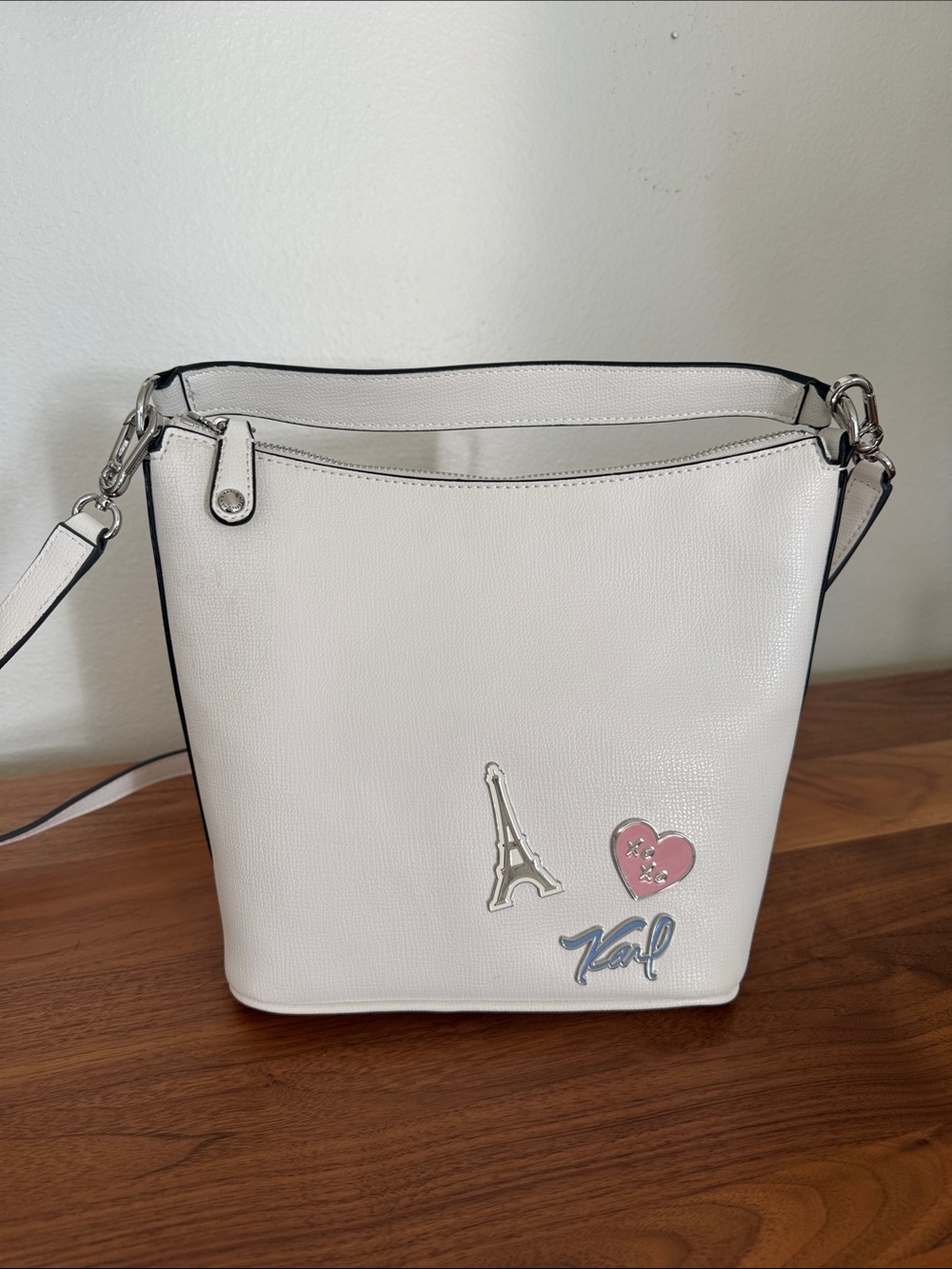 Karl Lagerfeld White Crossbody Bucket Bag with Paris Pins - NEW